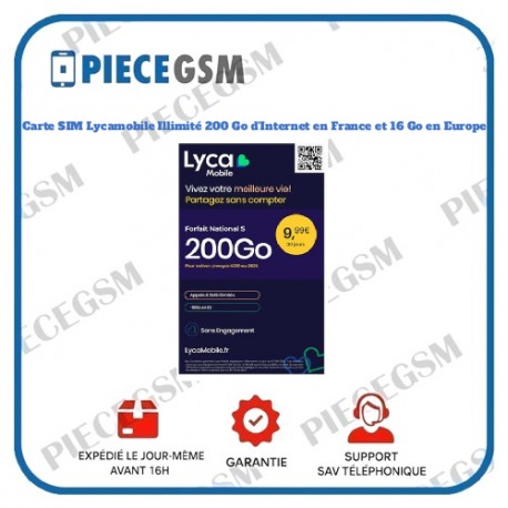 Carte SIM Prépayée Lyca mobile illimité +200 GO d’internet en France et 16G en Europe